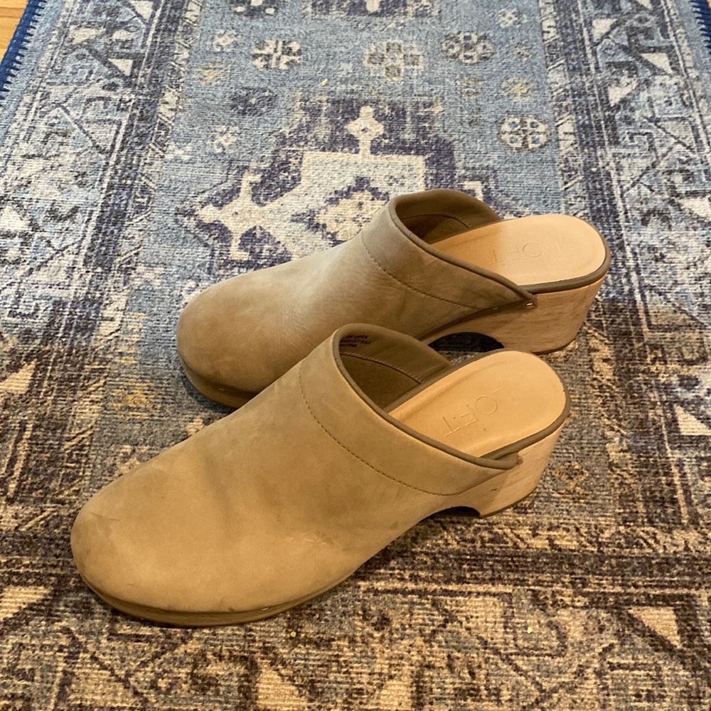 Loft taupe suede clogs; size 8M